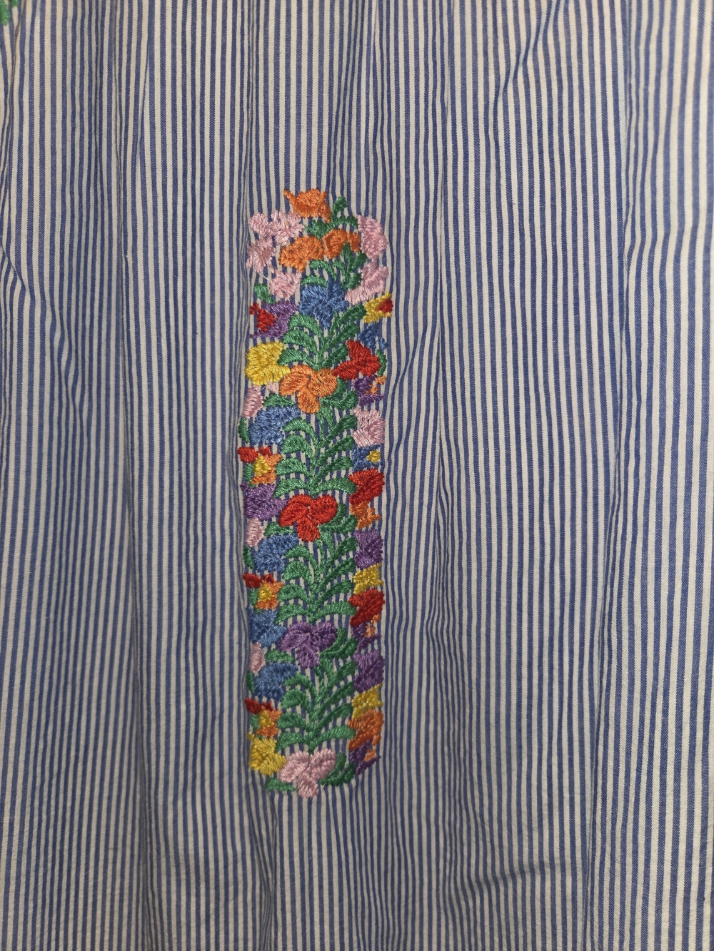 Blue Pinstripe Casual Midi Dress with Multicolor Floral Smocking - Picture 4 of 13